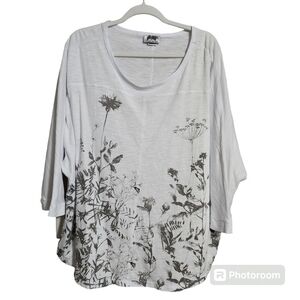 Wild Palms Top Womens White & Grey Wildflower Print Lagenlook Oversized, sz XXL